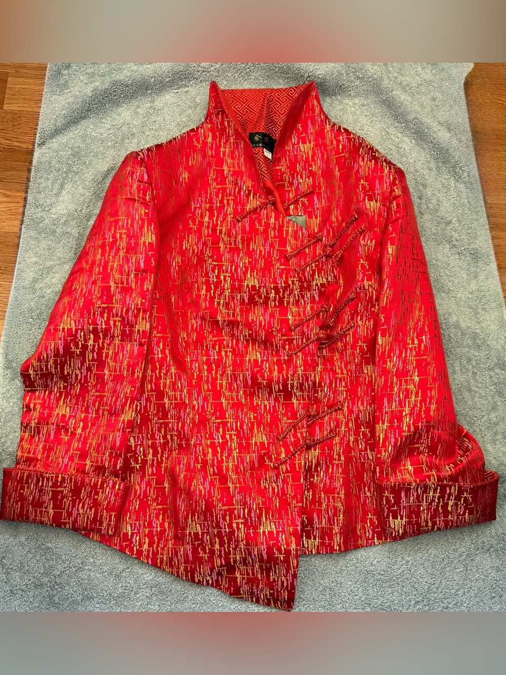 Red Brocade Mandarin-Style Blazer with Gold Accents